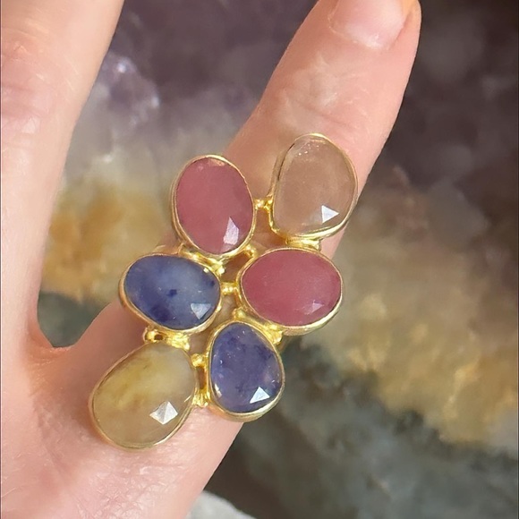Gemstone ruby sapphire golden Quartz gold over sterling silver statement ring - Picture 2 of 10